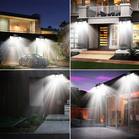 Solar Outdoor Motion Sensor Lights With Three Heads 3000LM Bright 180 LED Security Flood Lights illuminating modern buildings.
