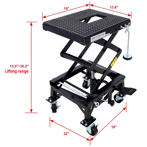 Heavy Duty Hydraulic Motorcycle Lift Table With 300 Lb Foot Step Lever Wide Rolling Platform Non Slip Surface Mean Garage Rig For Dirt Bikes Cruisers Atv Riders Tune Ups And Detailed Repairs At Home