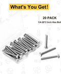 20 Pack 1/4-20 By 2 Inch Hex Head Bolts Forged From Top Shelf 304 Stainless Steel For Outdoor Jobs And Heavy Duty Fastening in box.