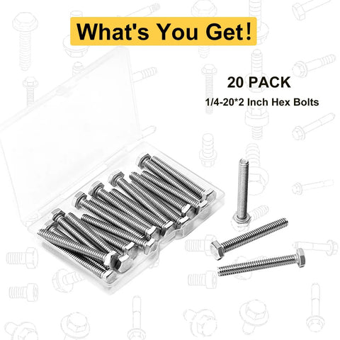 20 Pack 1/4-20 By 2 Inch Hex Head Bolts Forged From Top Shelf 304 Stainless Steel For Outdoor Jobs And Heavy Duty Fastening in box.