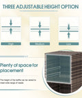 Diagram showing adjustable height options for Outdoor Pool Towel Rack And Rattan Wicker Storage Cabinet Shed With Shelves And Drawer Waterproof Patio Organizer.