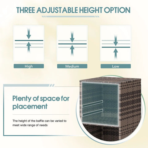Diagram showing adjustable height options for Outdoor Pool Towel Rack And Rattan Wicker Storage Cabinet Shed With Shelves And Drawer Waterproof Patio Organizer.