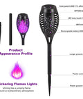 Diagram of 12 Pack Solar Torch Lights With Lit Flickering Flame For Garden Patio And Yard Decor Waterproof Outdoor Lighting Landscape LED Flame Torches For Outside Pathway, showing parts and features