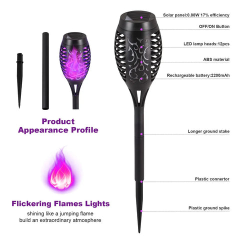 Diagram of 12 Pack Solar Torch Lights With Lit Flickering Flame For Garden Patio And Yard Decor Waterproof Outdoor Lighting Landscape LED Flame Torches For Outside Pathway, showing parts and features