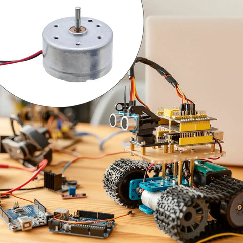 Tiny 5V DC Motor 6000 RPM with wire pack of 3 for DIY toys and experiments, shown with STEM project components.