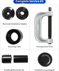 Heavy Duty Ball Joint Press Kit With U Joint Removal Tool And 4WD Adapters For Most 2WD And 4WD Cars And Light Trucks Built From Solid Carbon Steel With Anti Rust Finish shown with tools and adapters.