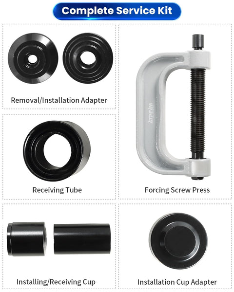 Heavy Duty Ball Joint Press Kit With U Joint Removal Tool And 4WD Adapters For Most 2WD And 4WD Cars And Light Trucks Built From Solid Carbon Steel With Anti Rust Finish shown with tools and adapters.