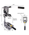 Heavy Duty Adjustable Aluminum Drill Press Base With Tough As Nails Bench Clamp Conversion Kit For Electric Hand Drills Rotary Workstation Stand, dimensions shown.
