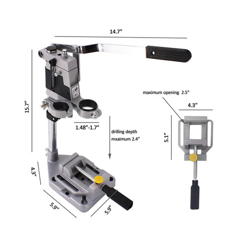 Heavy Duty Adjustable Aluminum Drill Press Base With Tough As Nails Bench Clamp Conversion Kit For Electric Hand Drills Rotary Workstation Stand, dimensions shown.