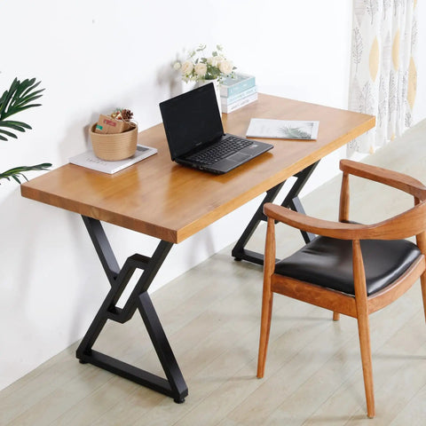 Wooden desk with laptop on top supported by heavy duty metal table legs 2 pack 28 inch high 20 inch wide square tube iron desk legs