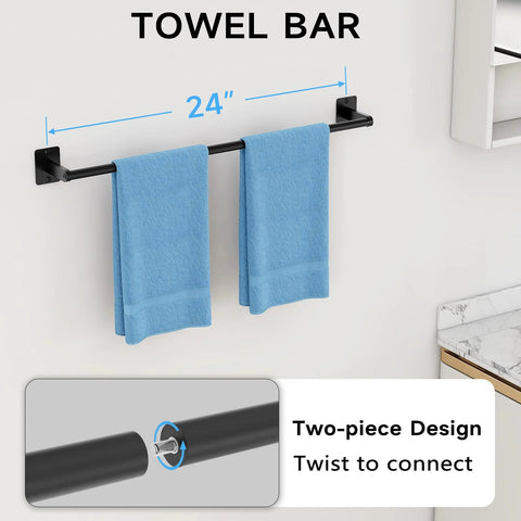 Matte Black 4 Piece Bathroom Hardware Set Including 24 Inch Towel Bar Wall Mounted Rustproof Premium Metal with blue towels