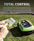 Smart Robot Lawn Mower With Auto Charging And App Control With Intelligent Navigation And Auto Scheduling 20 To 60mm Cutting Height 35 Percent Slope Tolerance IPX5 Waterproof Ultra Quiet For Lawns Up To 1500m2 on lawn with person holding phone