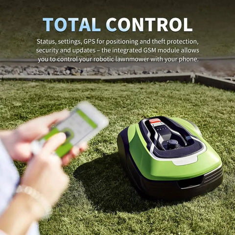Smart Robot Lawn Mower With Auto Charging And App Control With Intelligent Navigation And Auto Scheduling 20 To 60mm Cutting Height 35 Percent Slope Tolerance IPX5 Waterproof Ultra Quiet For Lawns Up To 1500m2 on lawn with person holding phone