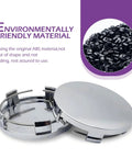 Four Pack Universal Snap In Wheel Center Hub Caps In Matte Silver Sheen Heavy Duty Polymer Shell showing ABS material design.