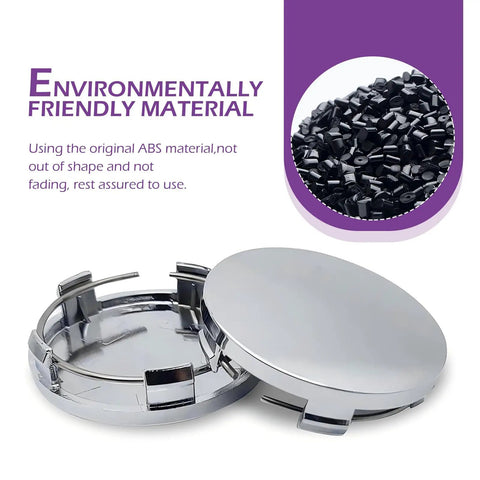 Four Pack Universal Snap In Wheel Center Hub Caps In Matte Silver Sheen Heavy Duty Polymer Shell showing ABS material design.