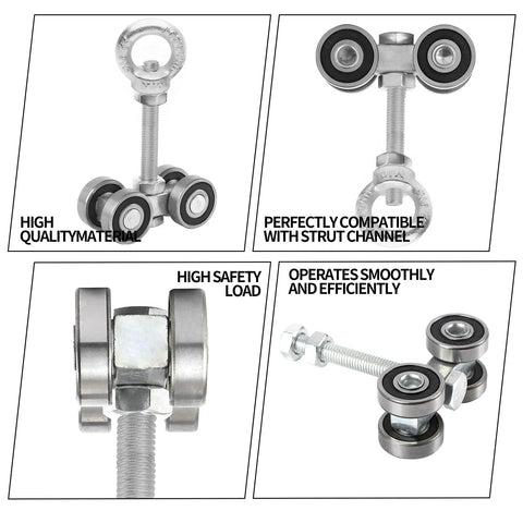Four Wheel Trolley Assembly Rollers For One And Five Eighths Inch Wide Strut Channel, galvanized steel, multiple angles, high safety load