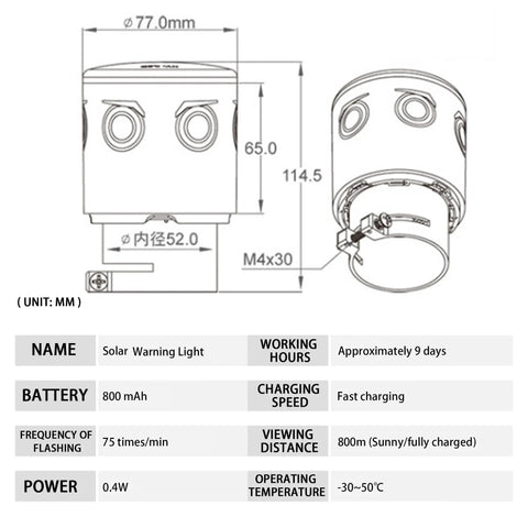 Technical specifications for Sun Powered Solar Strobe Warning Light 360 Degree Waterproof LED Safety Light with dimensions and features.