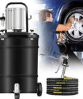 Heavy Duty Pneumatic Grease Pump 80 To 1 Air Powered Injector Gun With Forty Liter Capacity And Fifteen Foot Hose Swivel Tip image showing the pump and hose in a garage setting.
