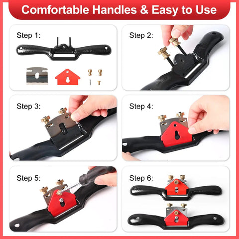 Rock Solid Adjustable Spokeshave Set With Six Precision Blades And Portable Woodworking Plane assembly steps with comfortable handles.