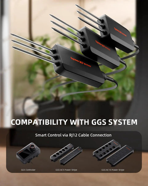 Dialed-In 3-In-1 Soil Sensor Pro Kit For Indoor Grow Tents High-Precision Temperature Moisture And EC Readings From Durable Probes Ideal For Home Grow Rooms And Smart Gardeners Seeking Fast Soil Health Insights. black probe sensors with GGS system and RJ12 cable