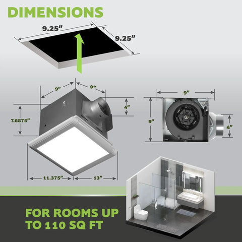Dual Speed Bathroom Exhaust Fan With Dimmable LED Light And Humidity Sensor, dimensions and white finish.