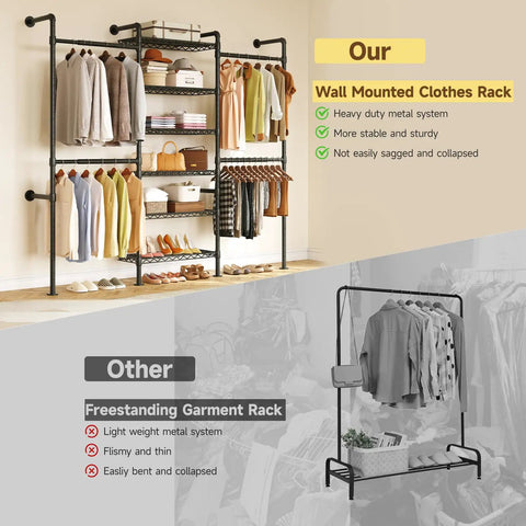Heavy Duty Wall Mounted Closet System With Expandable Industrial Pipe Clothing Rack showcasing organized clothes and shoes in a stylish layout.