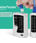 Close-up of Pass Through RJ45 Crimp Tool Kit With Cable Tester for Cat6 Cat6a Cat5e Cat5 Ethernet Connectors in use.