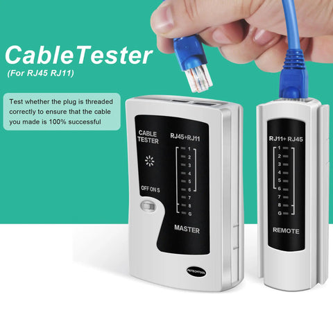 Close-up of Pass Through RJ45 Crimp Tool Kit With Cable Tester for Cat6 Cat6a Cat5e Cat5 Ethernet Connectors in use.
