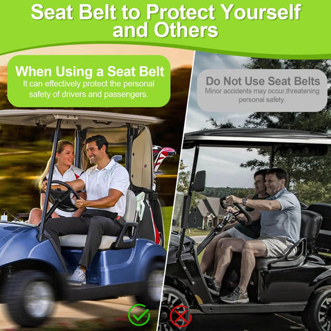 Sweet 61 Inch Retractable Dot Lap Seat Belt Universal Two Point Adjustable Strap For Golf Carts, image showing safe and unsafe usage in golf carts.