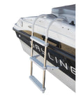Heavy Duty Aluminum Boat 3 Step Ladder With Folding Gunwale Hook Design, 11 Inch Wide Hooks, Non Marking Support Legs, 250 Lb Capacity, Seamless Marine Boarding Solution on boat side