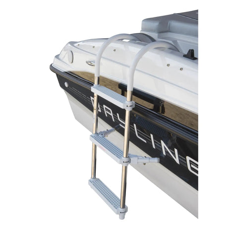 Heavy Duty Aluminum Boat 3 Step Ladder With Folding Gunwale Hook Design, 11 Inch Wide Hooks, Non Marking Support Legs, 250 Lb Capacity, Seamless Marine Boarding Solution on boat side