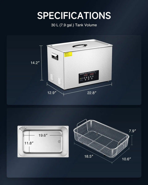 30L Ultrasonic Cleaner With Degas Mode And 600W Heater 40 KHz Power dimensions and stainless steel design