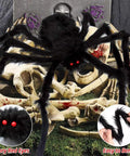 Massive 200 Inch Halloween Spider Web Plus 59 Inch Giant Fake Spider Epic Yard Haunt Decor Set With Realistic Arachnid with red eyes and bones background.