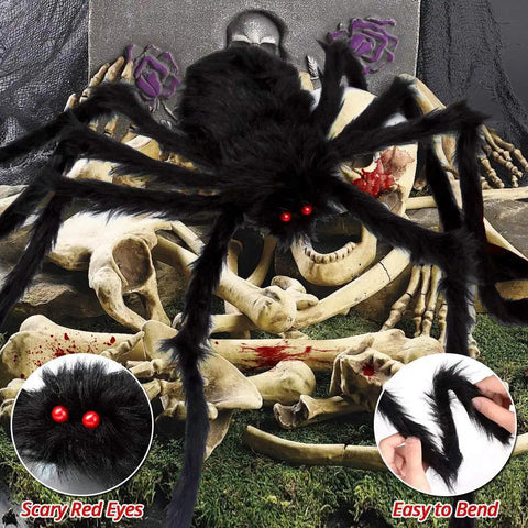 Massive 200 Inch Halloween Spider Web Plus 59 Inch Giant Fake Spider Epic Yard Haunt Decor Set With Realistic Arachnid with red eyes and bones background.