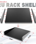 2U rack shelf with adjustable depth, black finish, suitable for 19 inch audio visual equipment setups.