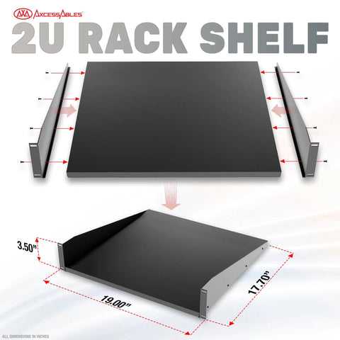 2U rack shelf with adjustable depth, black finish, suitable for 19 inch audio visual equipment setups.