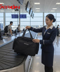 Pro Grade Pilot Flight Deck Bag Lightweight And Water Resistant For Airbus And Boeing Compatible held by flight crew at airport luggage carousel