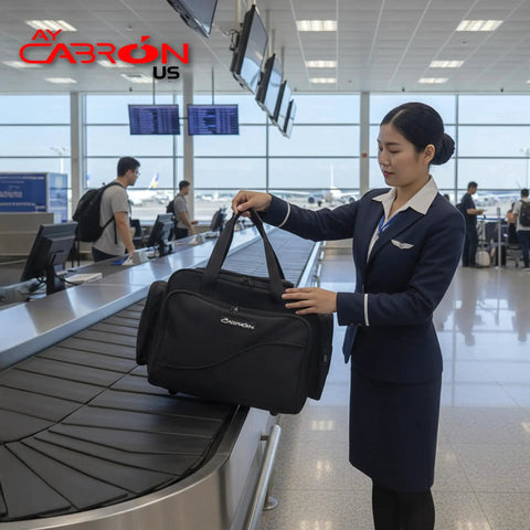 Pro Grade Pilot Flight Deck Bag Lightweight And Water Resistant For Airbus And Boeing Compatible held by flight crew at airport luggage carousel