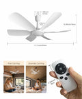 Kicking Airflow 18 Inch USB Ceiling Fan With Remote Control and 6 Speed Settings featuring dimensions and usage in RV and flat ceilings.