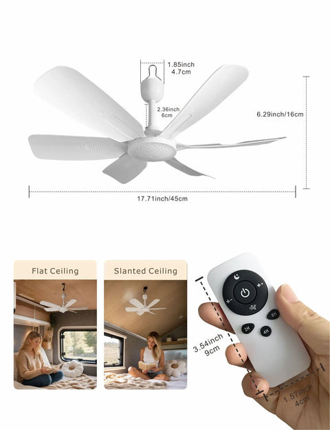 Kicking Airflow 18 Inch USB Ceiling Fan With Remote Control and 6 Speed Settings featuring dimensions and usage in RV and flat ceilings.