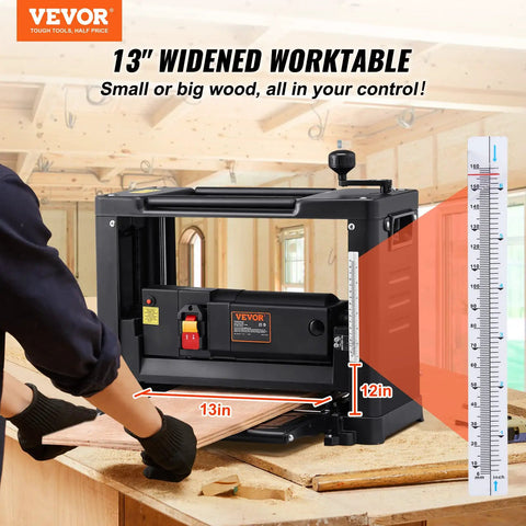 Heavy Duty Benchtop Wood Planer With A 13 Inch Worktable And 15 Amp Motor For Cutting Through Hardwood And Softwood Stock. Extended Infeed Tables And Quiet Operation Keep Your Workshop A No Sweat Zone For Smooth Fine Results. with 13 inch worktable in use.