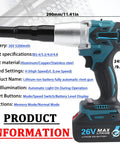 CelyToe Electric Rivet Tool Kit With 2 Config Options For Pro Work, Includes Battery Charger, Interchangeable Nozzles And Rivet Nut Mandrels For M3 To M8, Heavy Duty Portable Power Set shown with 26V 5200mAh battery