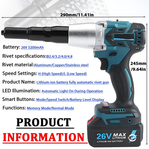 26V Cordless Rivet Gun With Brushless Motor And LED Work Light, Complete Riveting Set With Two Configuration Options, Includes 3 Interchangeable Guides, 5200mAh Battery, Charger, And M3 To M8 Rivet Nut Mandrels, side view