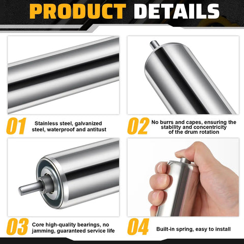 4 Pack 10 Inch Beefy Galvanized Steel Conveyor Rollers With One And A Half Inch Diameter And One Quarter Inch Axle For Roller Stands Woodworking Smooth Movement Replacement showing details