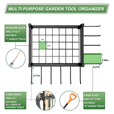 Diagram of Beefed Up Garden Tool Organizer Rack For Garage And Shed, Metal Yard Tools Storage For Up To 46 Tools With Hooks and Slots