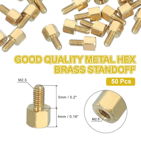 50 Pcs Killer Brass PCB Standoffs Hex Spacers M2.5 Female Thread 4Plus5 Millimeter for Rad FPV Drone Builds with gold hex design.