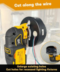 Heavy Duty Multi Tool Hole Saw Blade Kit With Fast Swap Mount For Butter Smooth Cuts In Wood Metal And Drywall No Sweat Assembly Pro Grade Carbide Steel Cuts Through Hard Materials Like A Hot Knife, showing a tool cutting through drywall.