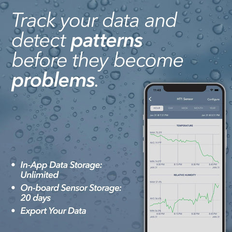 Front view: Amazon SensorPush HT1 app on smartphone showing temperature and humidity charts.