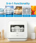Self Contained Countertop Dishwasher With Built In Water Tank And Gentle Baby Care Mode Straight Up Rocking Six Custom Wash Cycles Plus Heavy Duty Extra Dry. 5-in-1 functionality displayed with dishes and utensils.