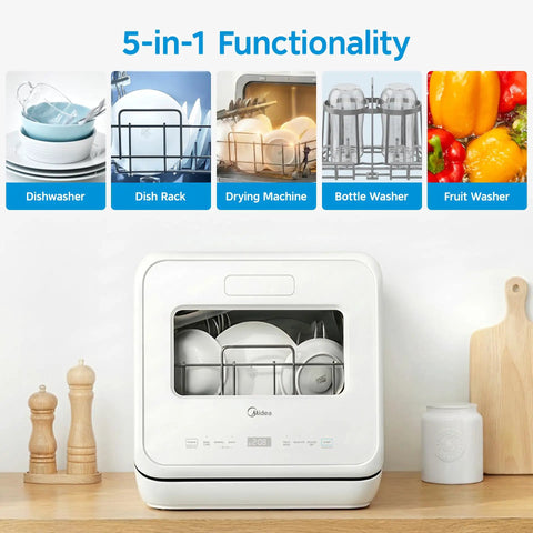 Self Contained Countertop Dishwasher With Built In Water Tank And Gentle Baby Care Mode Straight Up Rocking Six Custom Wash Cycles Plus Heavy Duty Extra Dry. 5-in-1 functionality displayed with dishes and utensils.